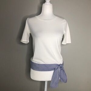 Talbot’s white top with blue & white tie hem, small petite